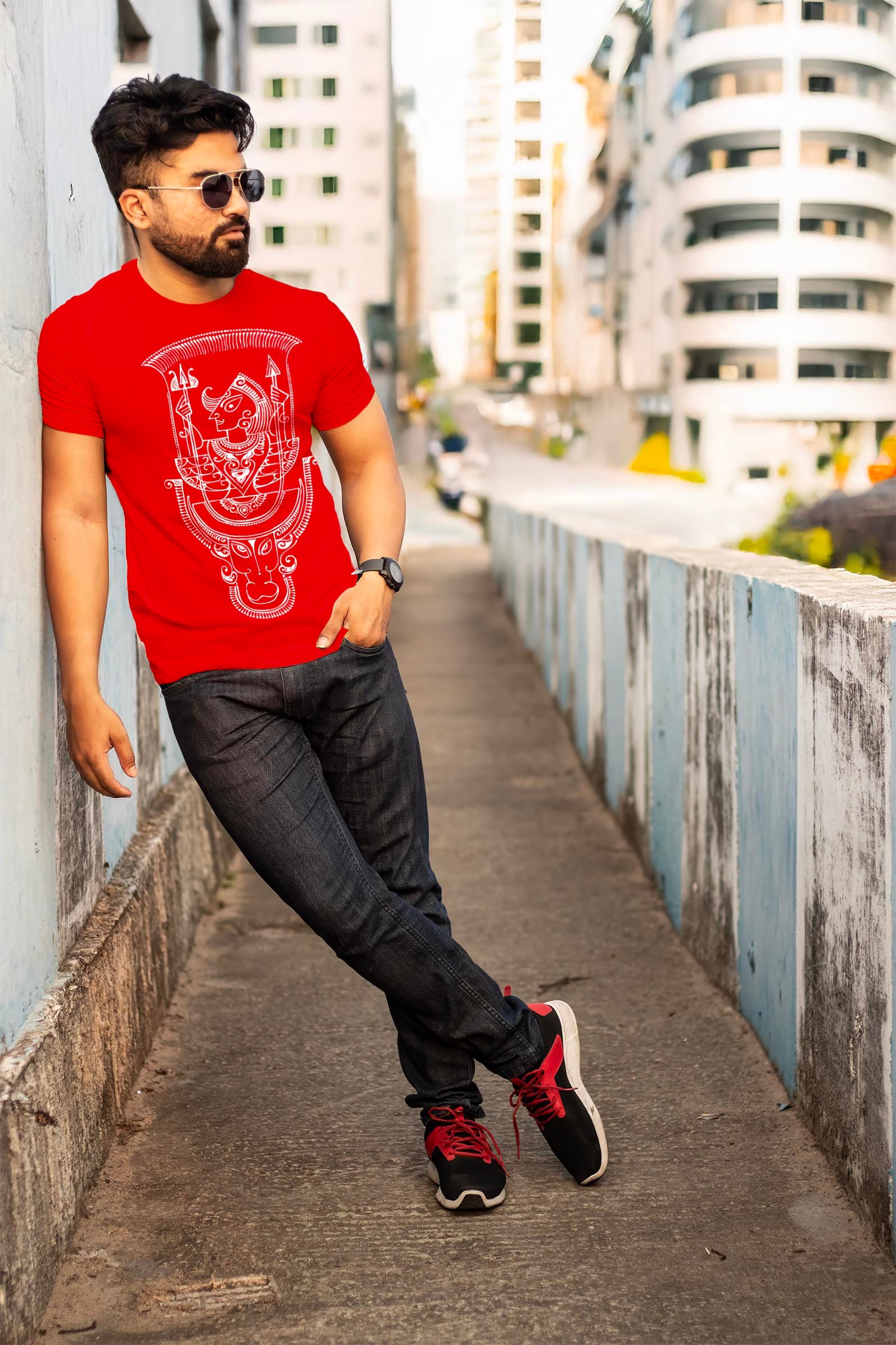 Ethnic Alpona Style Maa Durga Printed T-Shirt Half Sleeve