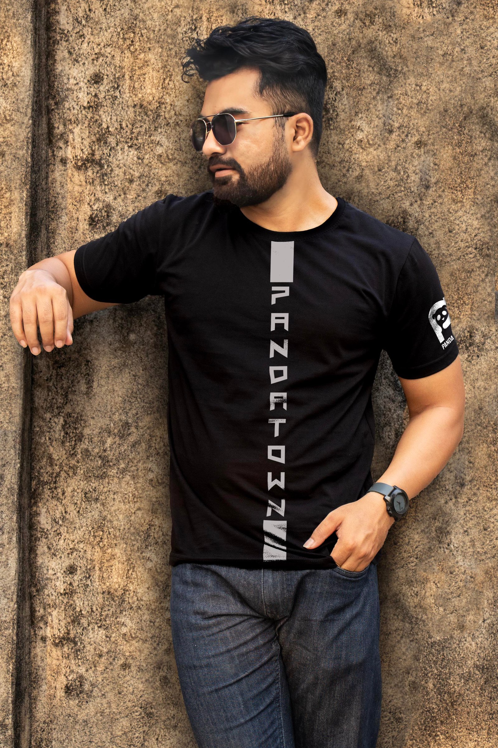 Vertical Panda Town Grey Reflector Printed T-Shirt Half Sleeve