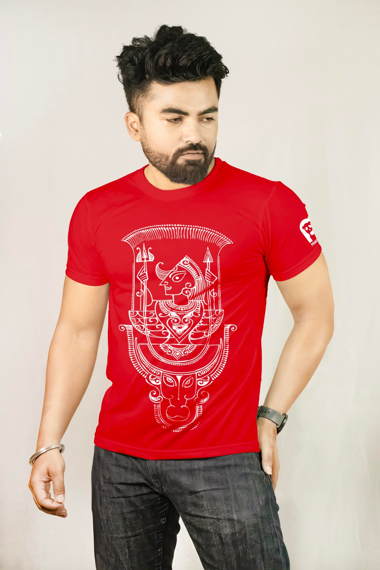 Ethnic Alpona Style Maa Durga Printed T-Shirt Half Sleeve