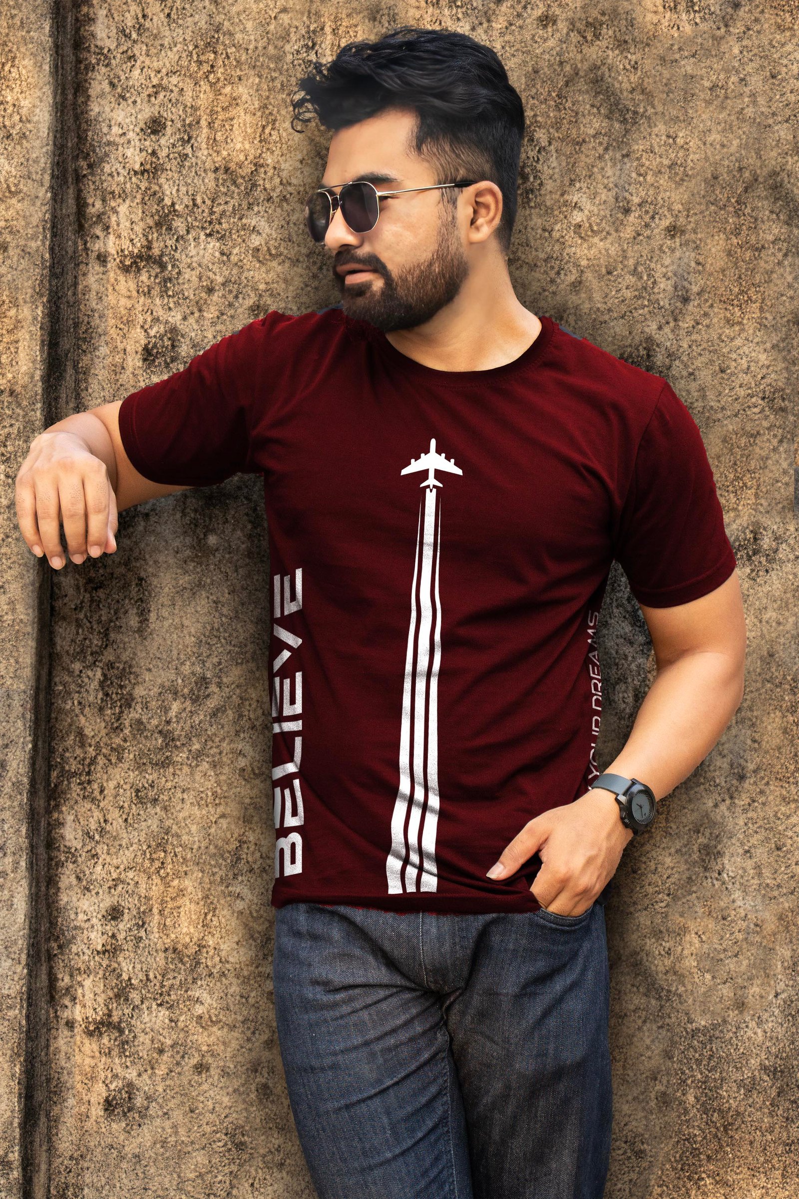 Believe-Follow Your Dreams Airplane Printed T-Shirt Half Sleeve