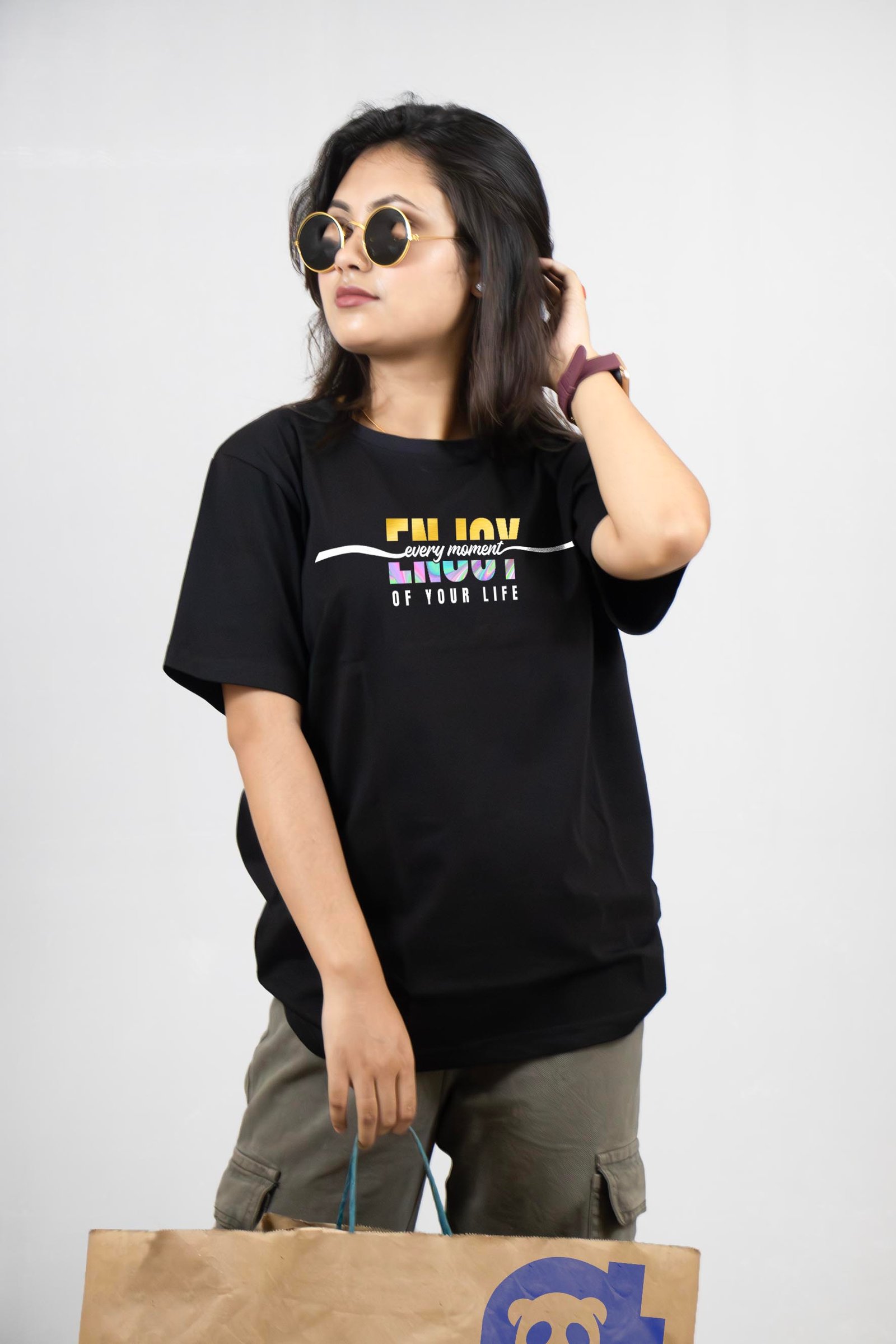 Enjoy Every Moment of Life - Gold and Holographic Printed T-Shirt Half Sleeve
