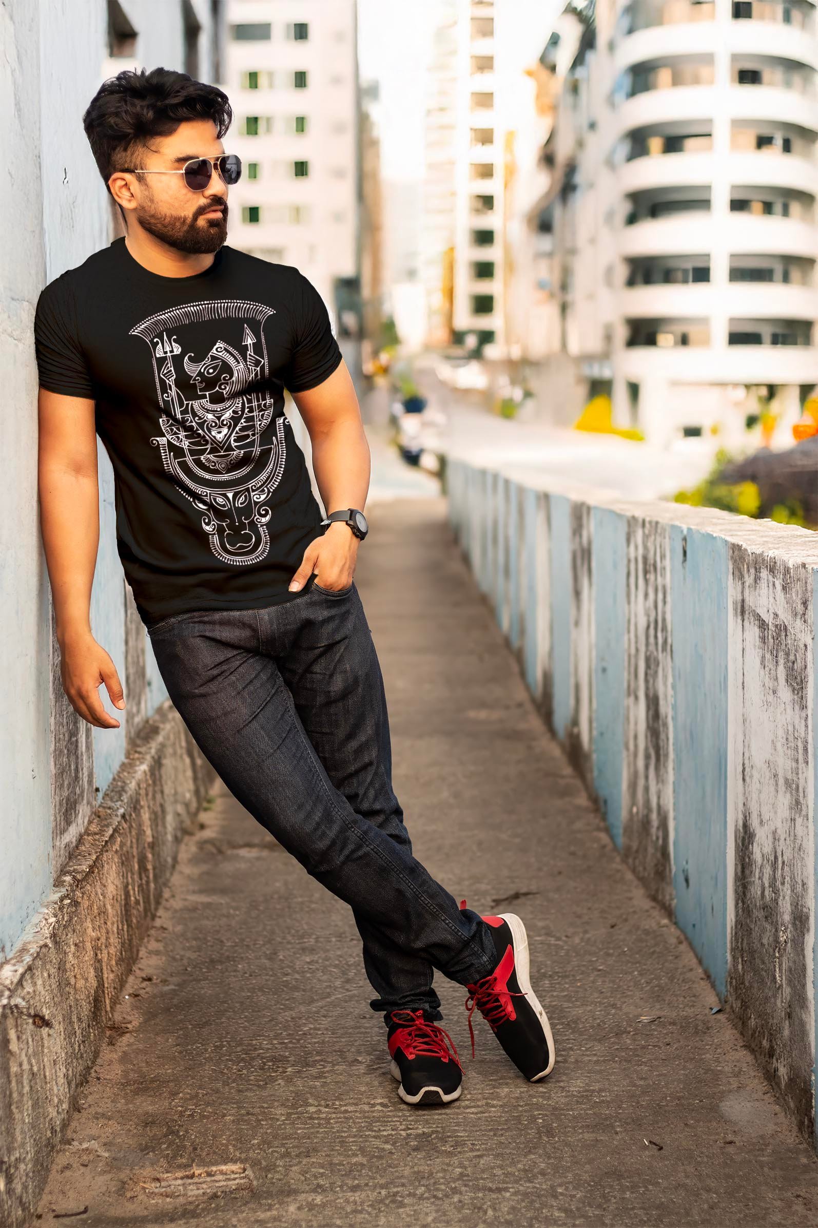 Ethnic Alpona Style Maa Durga Printed T-Shirt Half Sleeve