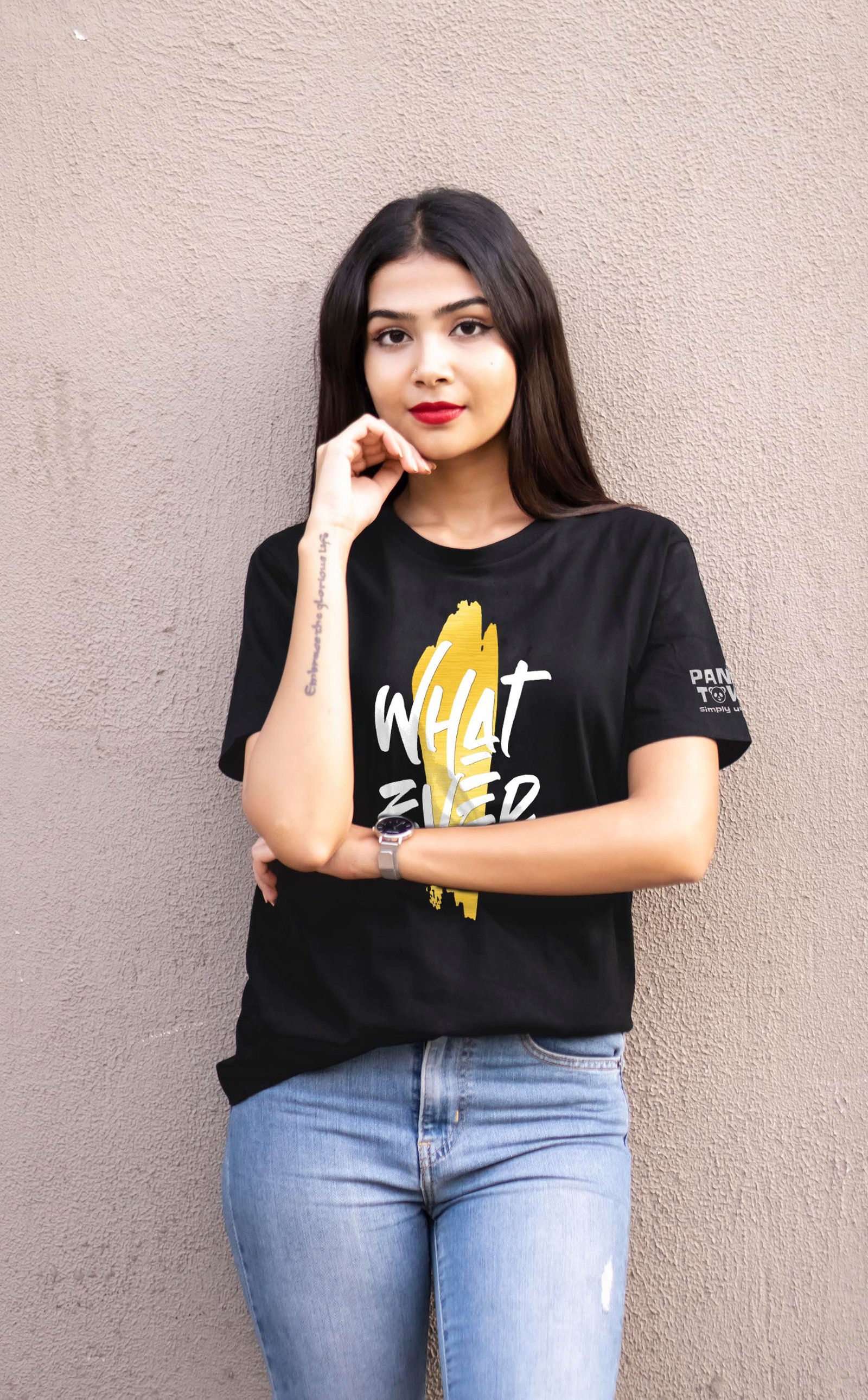 Whatever Golden Metallic Printed T-Shirt Half Sleeve