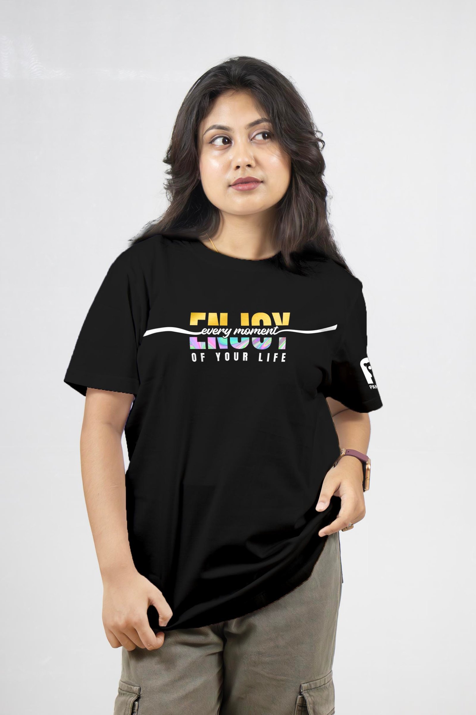 Enjoy Every Moment of Life - Gold and Holographic Printed T-Shirt Half Sleeve