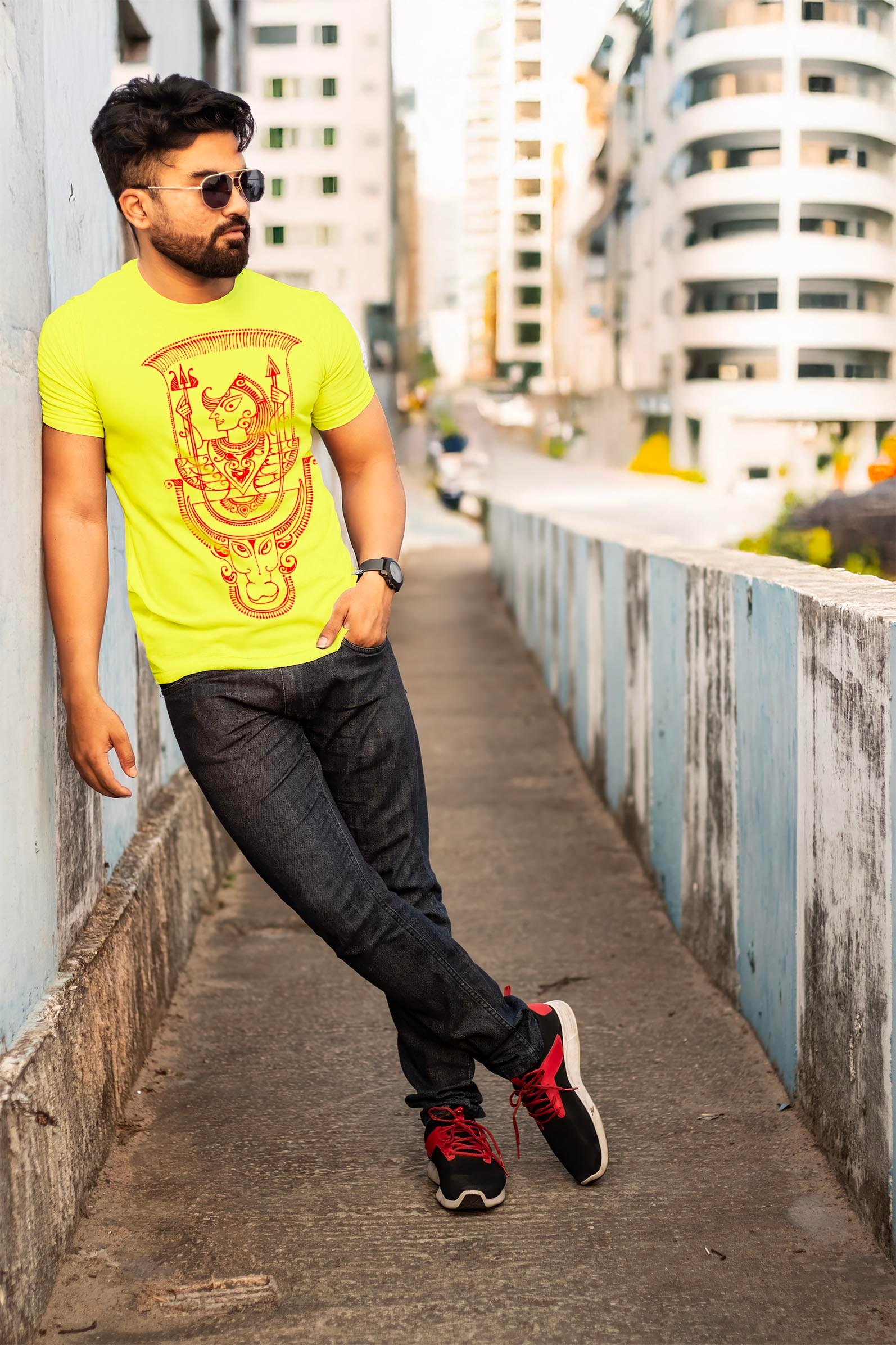 Ethnic Alpona Style Maa Durga Printed T-Shirt Half Sleeve