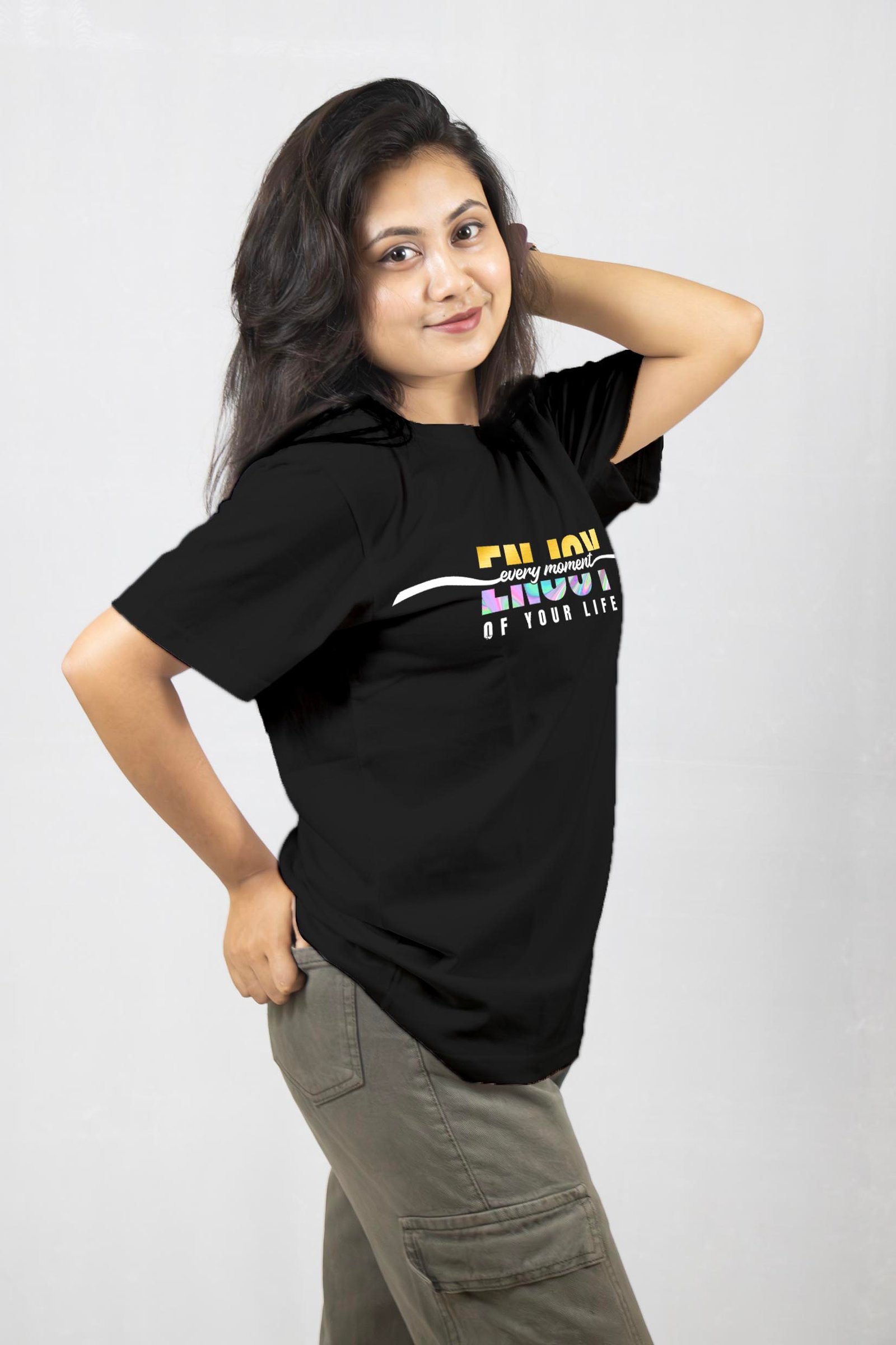 Enjoy Every Moment of Life - Gold and Holographic Printed T-Shirt Half Sleeve