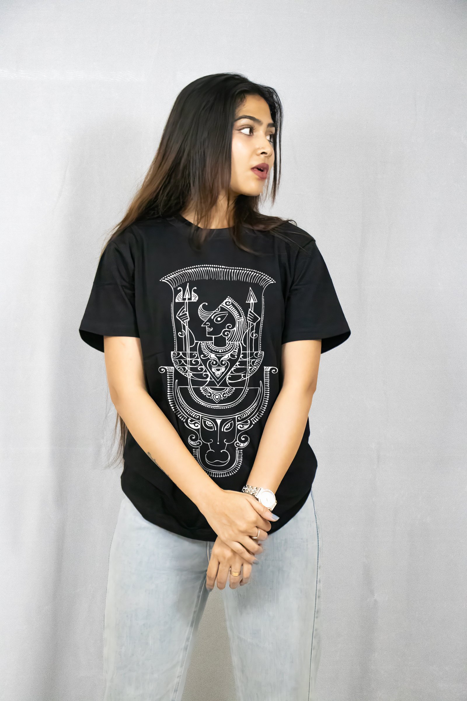 Ethnic Alpona Style Maa Durga Printed T-Shirt Half Sleeve